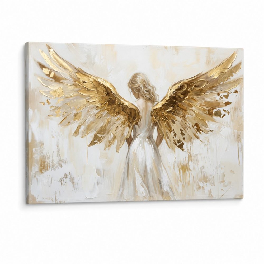 Canvas painting of a woman with large golden angel wings, seen from behind