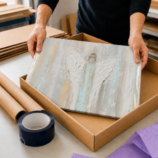 Hands placing a finished canvas into a shipping box