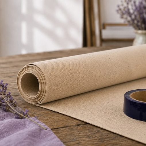 A roll of cotton canvas on a work table