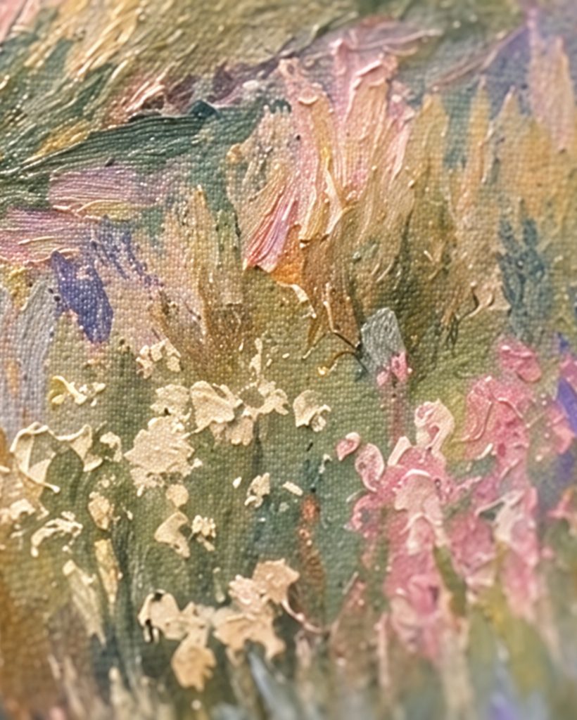Close-up of a Papilora painting: thick oil brushstrokes of a flowering meadow on canvas