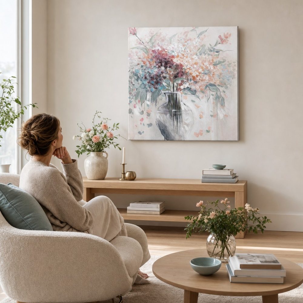 Hand-painted canvas of flowers in a glass vase, hanging above a sideboard in a living room